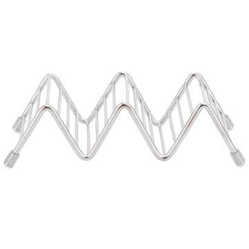 Stainless steel taco holder tray with 2/3 grid design, ideal for kitchen and restaurant use for serving tacos and snacks.