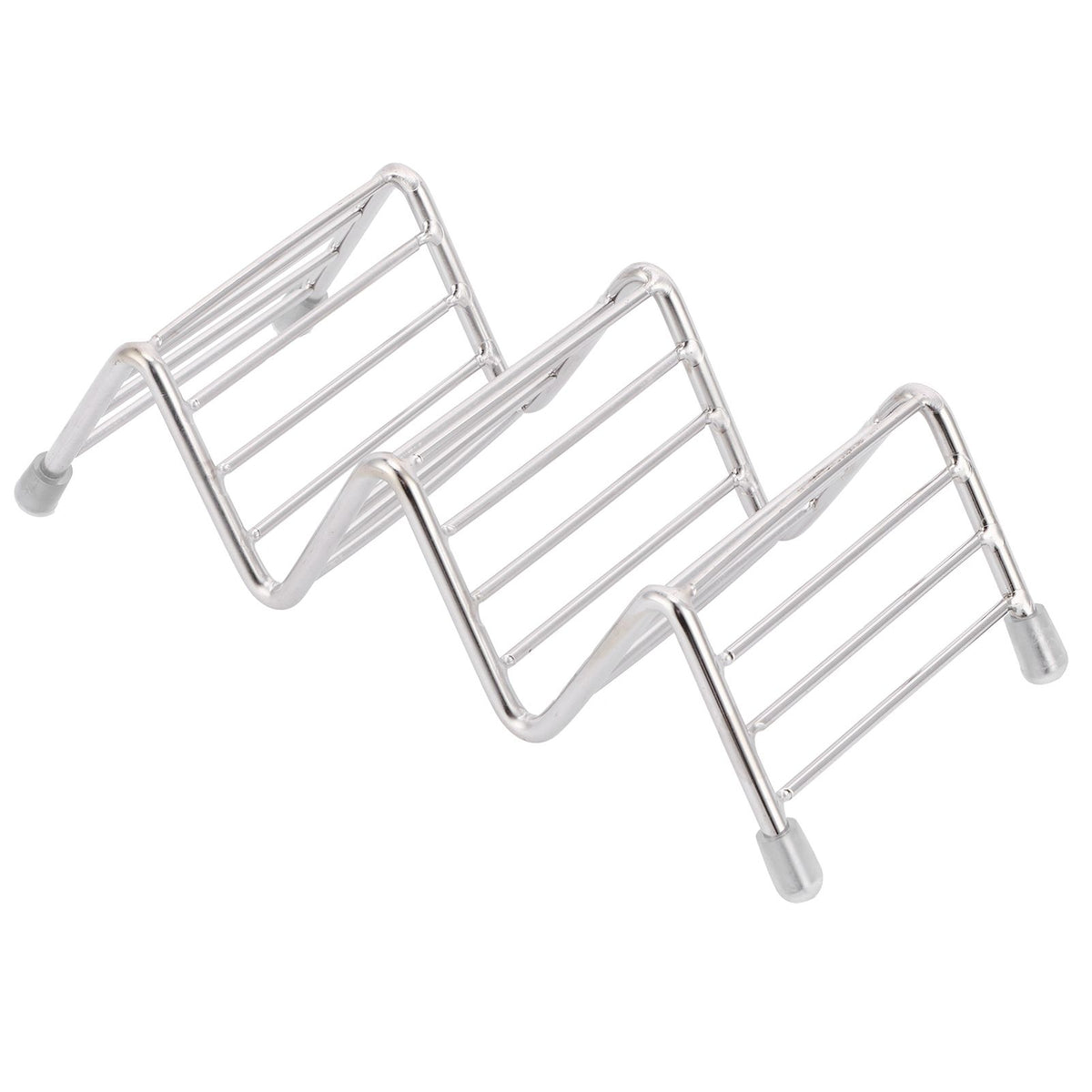 Stainless steel taco holder tray for kitchen and restaurant, with 2/3 grid design, ideal for serving tacos and pancakes.
