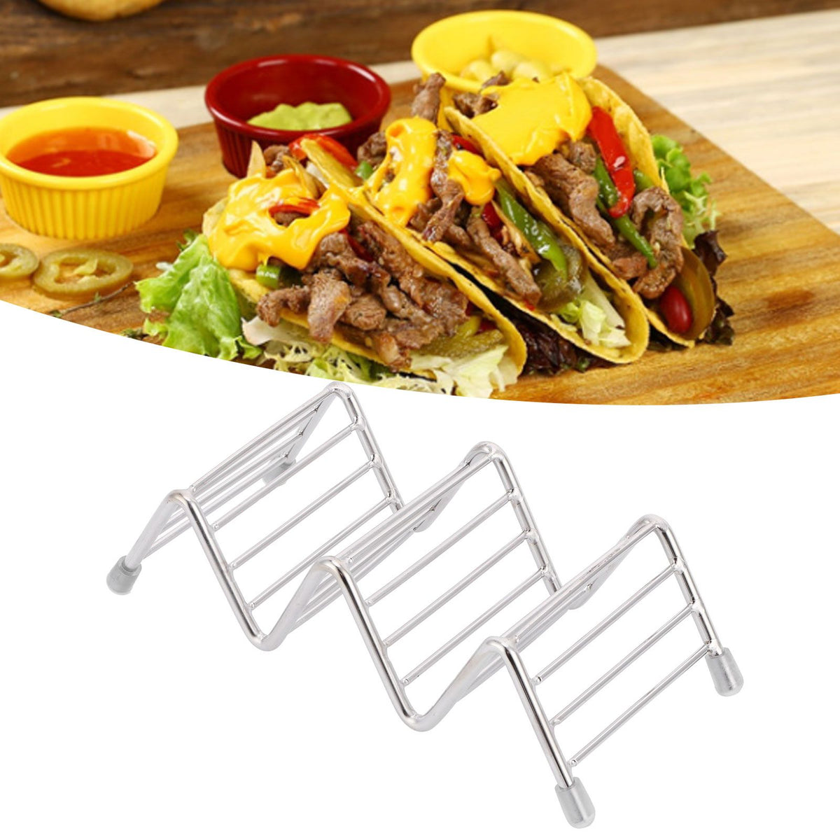 Stainless steel taco holder and pancake stand tray with 2/3 grid, ideal for kitchen or restaurant use, by Everything Baby.