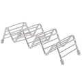 Stainless steel taco holder tray for kitchen and restaurant use, featuring a 3/4 grid design for serving tacos and pancakes.