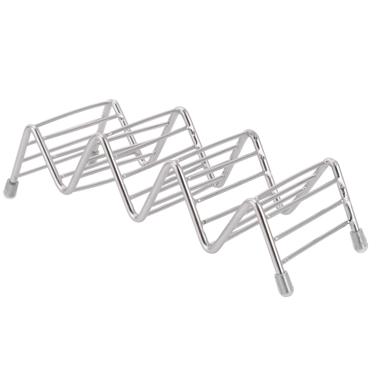Stainless steel taco holder tray for kitchen and restaurant use, featuring a 3/4 grid design for serving tacos and pancakes.