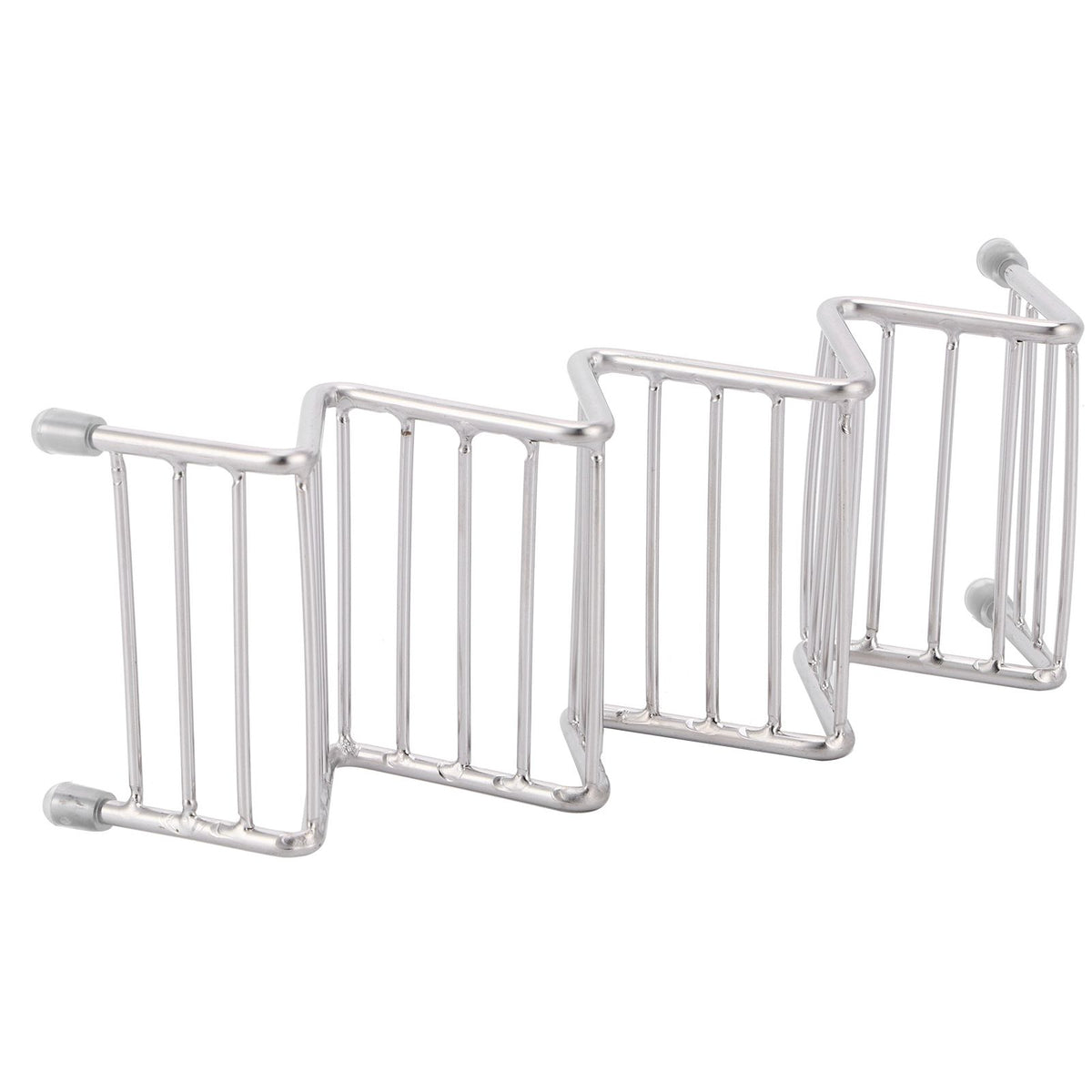 Stainless steel taco holder tray from Everything Baby, designed for kitchen or restaurant use, with a 3/4 grid for serving tacos.