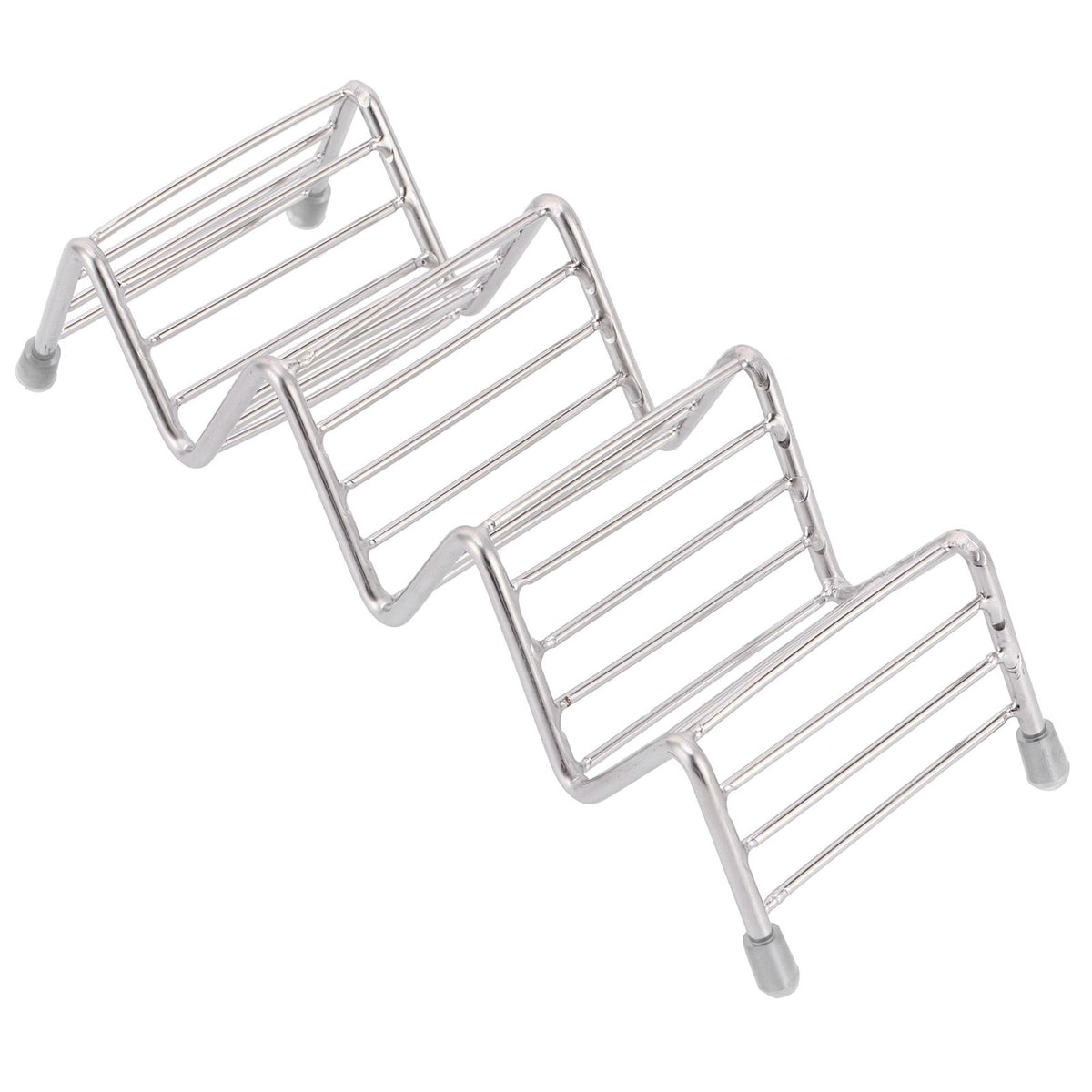 Stainless steel taco holder tray with 3/4 grid design, suitable for kitchen or restaurant use, by Everything Baby.