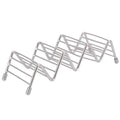 Stainless steel taco holder tray with 3/4 grid for kitchen or restaurant use, designed for serving tacos and snacks.