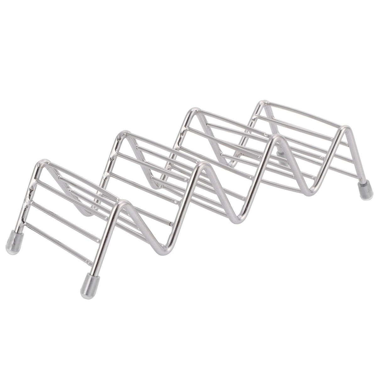 Stainless steel taco holder tray with 3/4 grid for kitchen or restaurant use, designed for serving tacos and snacks.