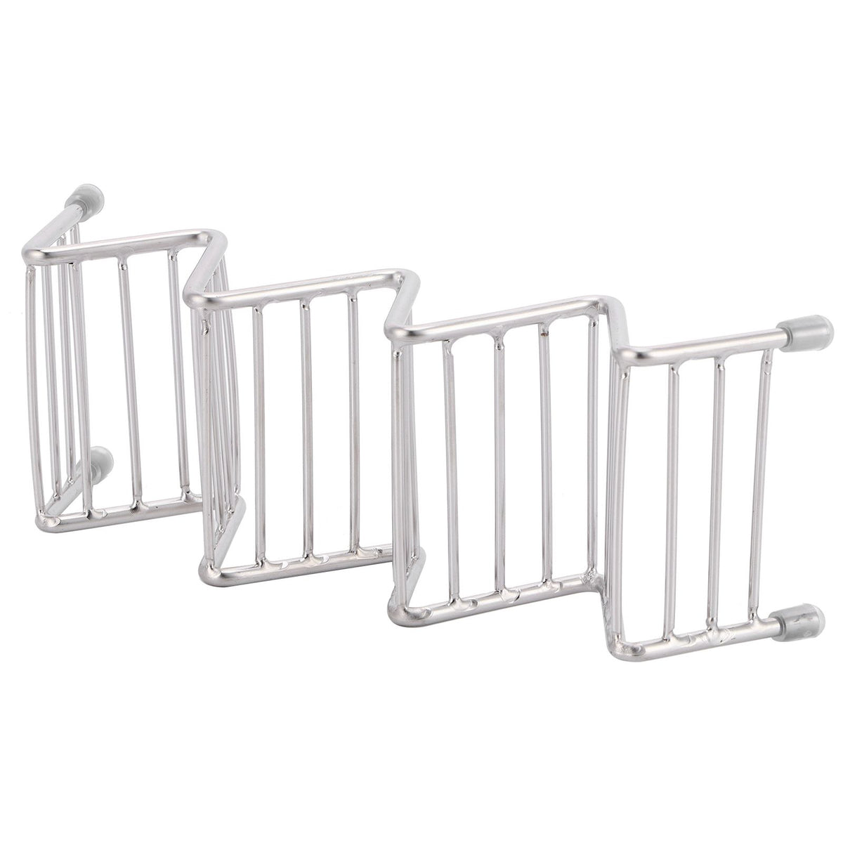 Stainless steel taco holder and pancake stand tray for kitchen or restaurant use, designed for easy serving and organization.