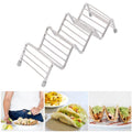 Stainless steel taco holder tray with 3/4 grid for kitchen or restaurant use, designed for easy serving and organization.