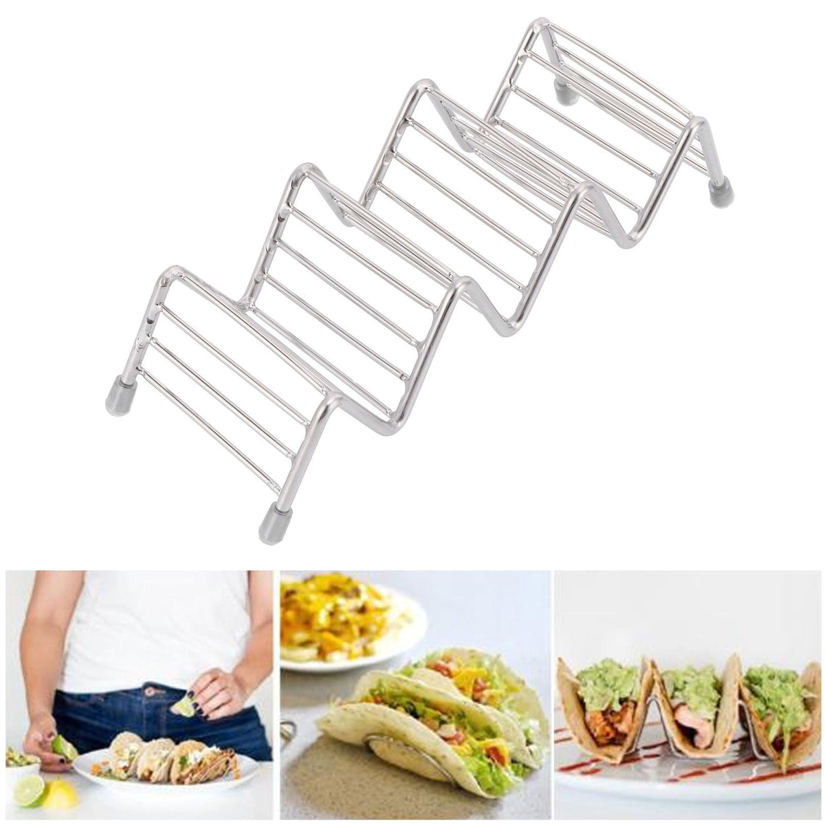 Stainless steel taco holder tray with 3/4 grid for kitchen or restaurant use, designed for easy serving and organization.