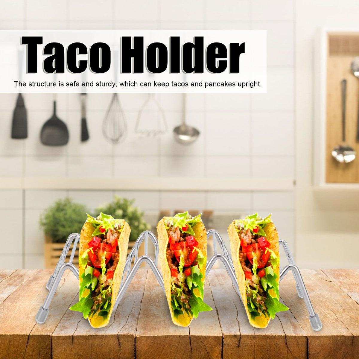 Stainless steel taco holder tray from Everything Baby, designed for kitchen or restaurant use with a 3/4 grid for serving tacos.