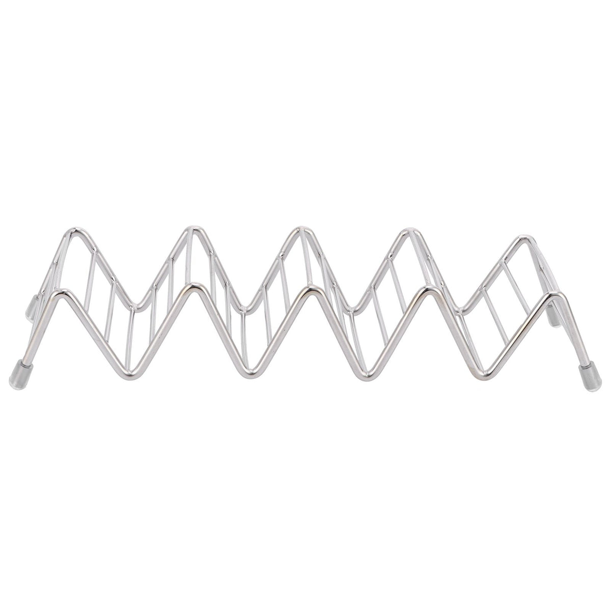 Stainless steel taco holder and pancake stand tray with 4/5 grid for kitchen or restaurant use, featuring a sleek, innovative design.