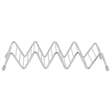 Stainless steel taco holder and pancake stand tray with 4/5 grid for kitchen or restaurant use, featuring a sleek, innovative design.