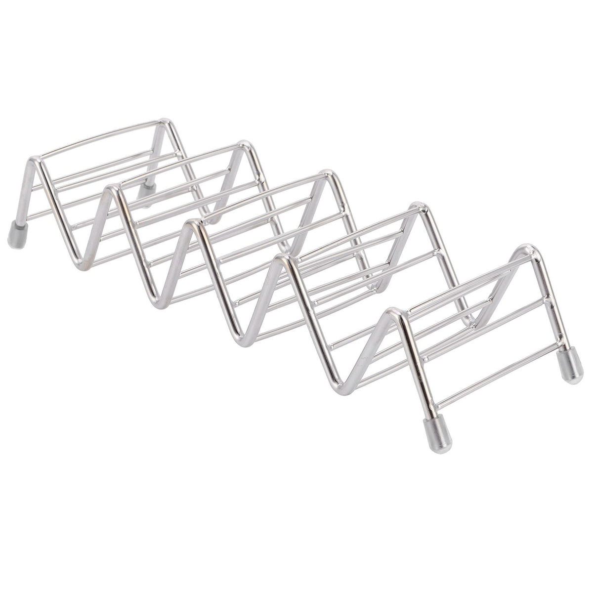 Stainless steel taco holder and pancake stand tray with 4/5 grid for kitchen or restaurant use, designed for easy serving.