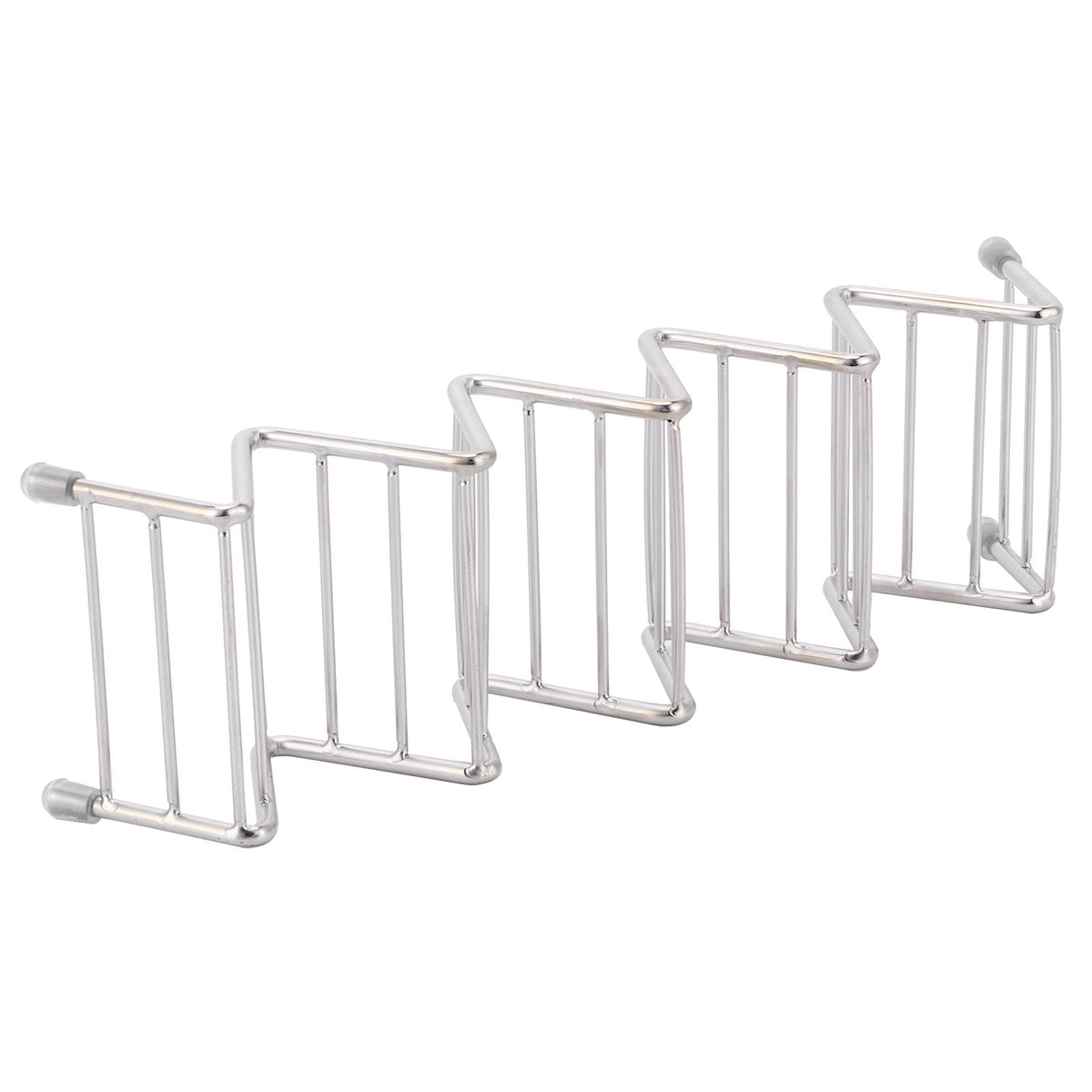 Stainless steel taco holder tray with 4/5 grid design for kitchen or restaurant use, by Everything Baby, suitable for serving tacos.