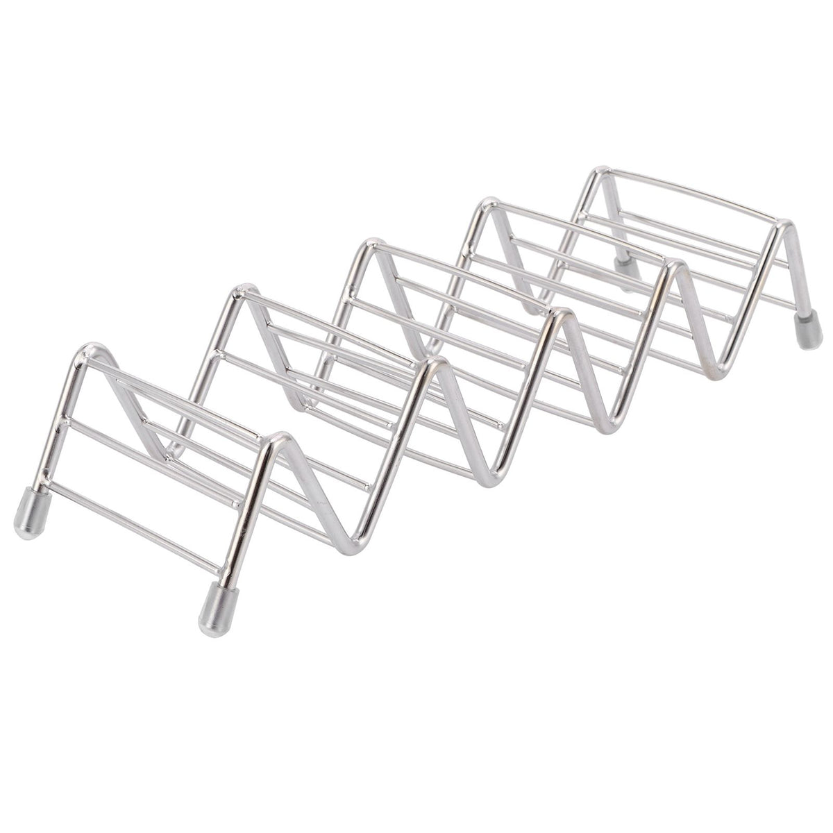 Stainless steel taco holder tray with 4/5 grid for kitchen or restaurant use, designed for serving tacos or pancakes.
