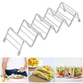 Stainless steel taco holder tray with 4/5 grid for kitchen or restaurant use, designed for serving tacos and pancakes.
