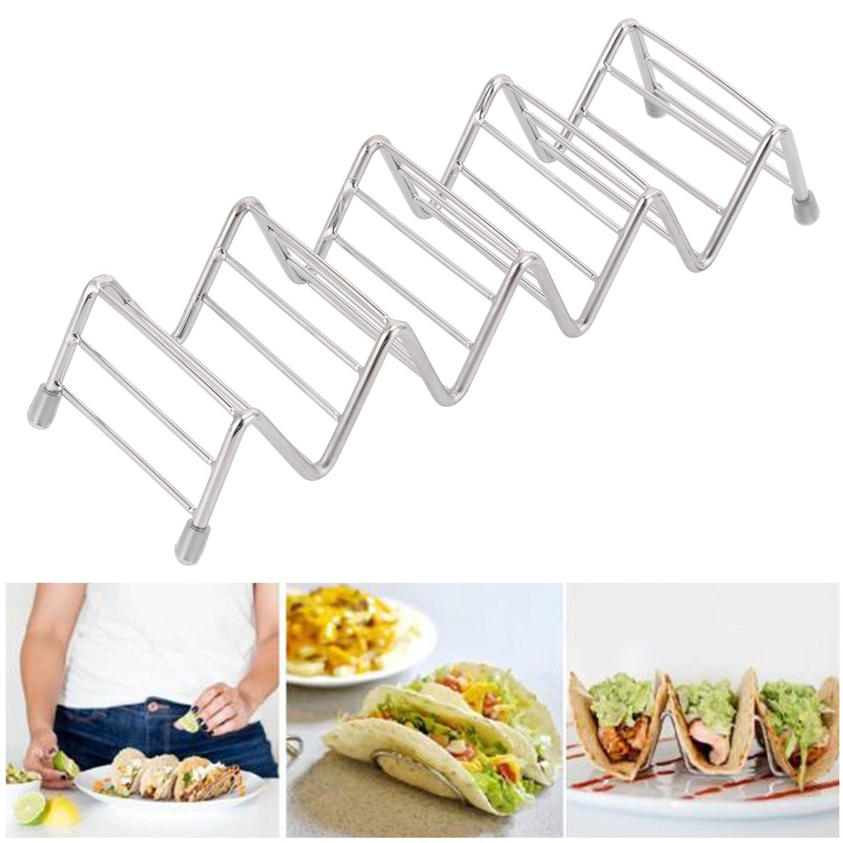Stainless steel taco holder tray with 4/5 grid for kitchen or restaurant use, designed for serving tacos and pancakes.
