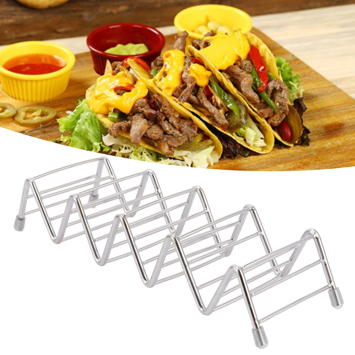 Innovative stainless steel taco holder and pancake stand tray by Everything Baby, designed for kitchen and restaurant use.
