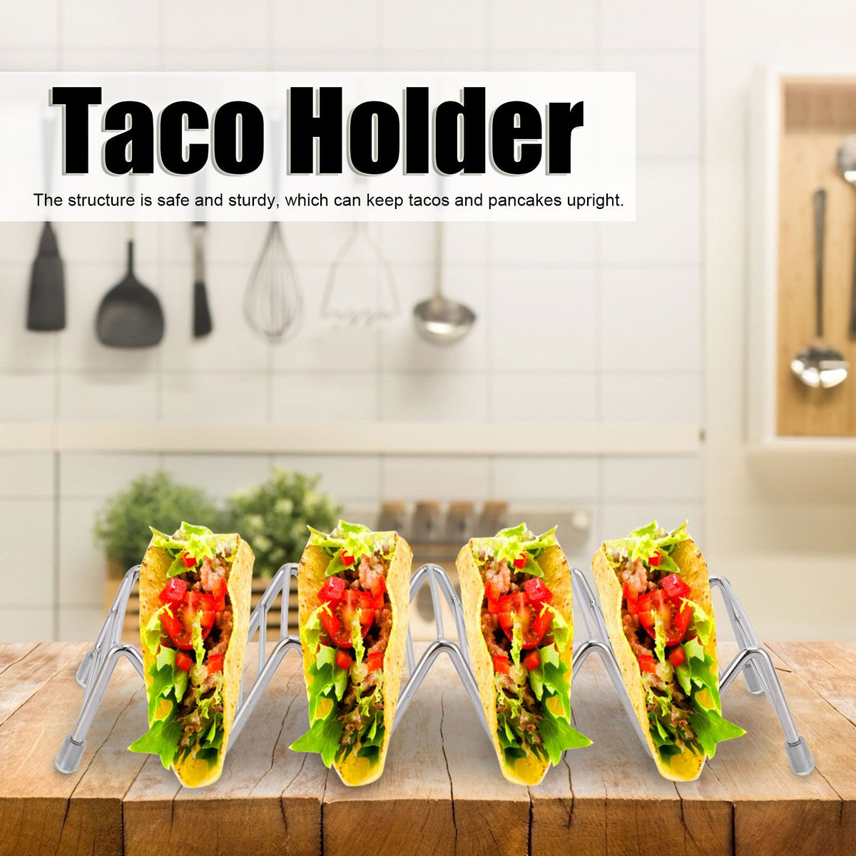 Stainless steel taco holder tray with 4/5 grid design, ideal for kitchen or restaurant use, by Everything Baby.