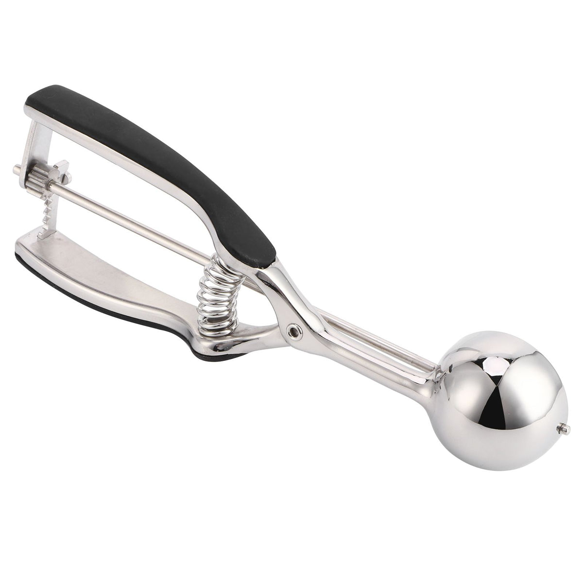 Stainless steel ice cream spoon and fruit scoop with 44mm diameter, designed for kitchen use and outdoor play activities.