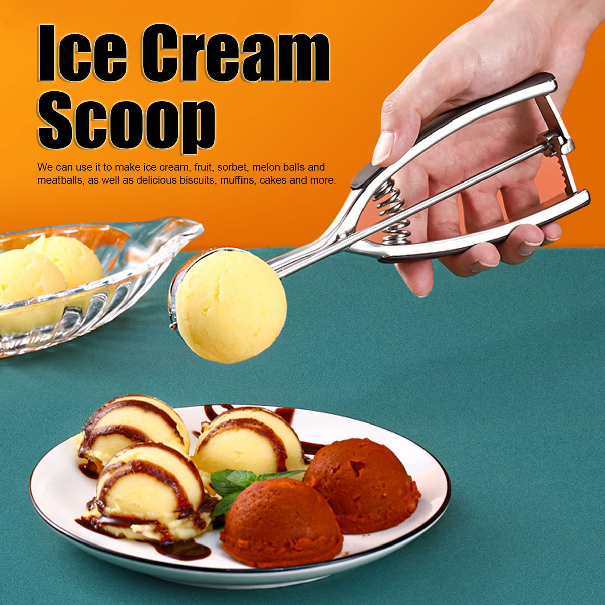 Stainless steel ice cream scoop and melon baller for kitchen use, with a 44mm size, suitable for fruit and dessert servings.