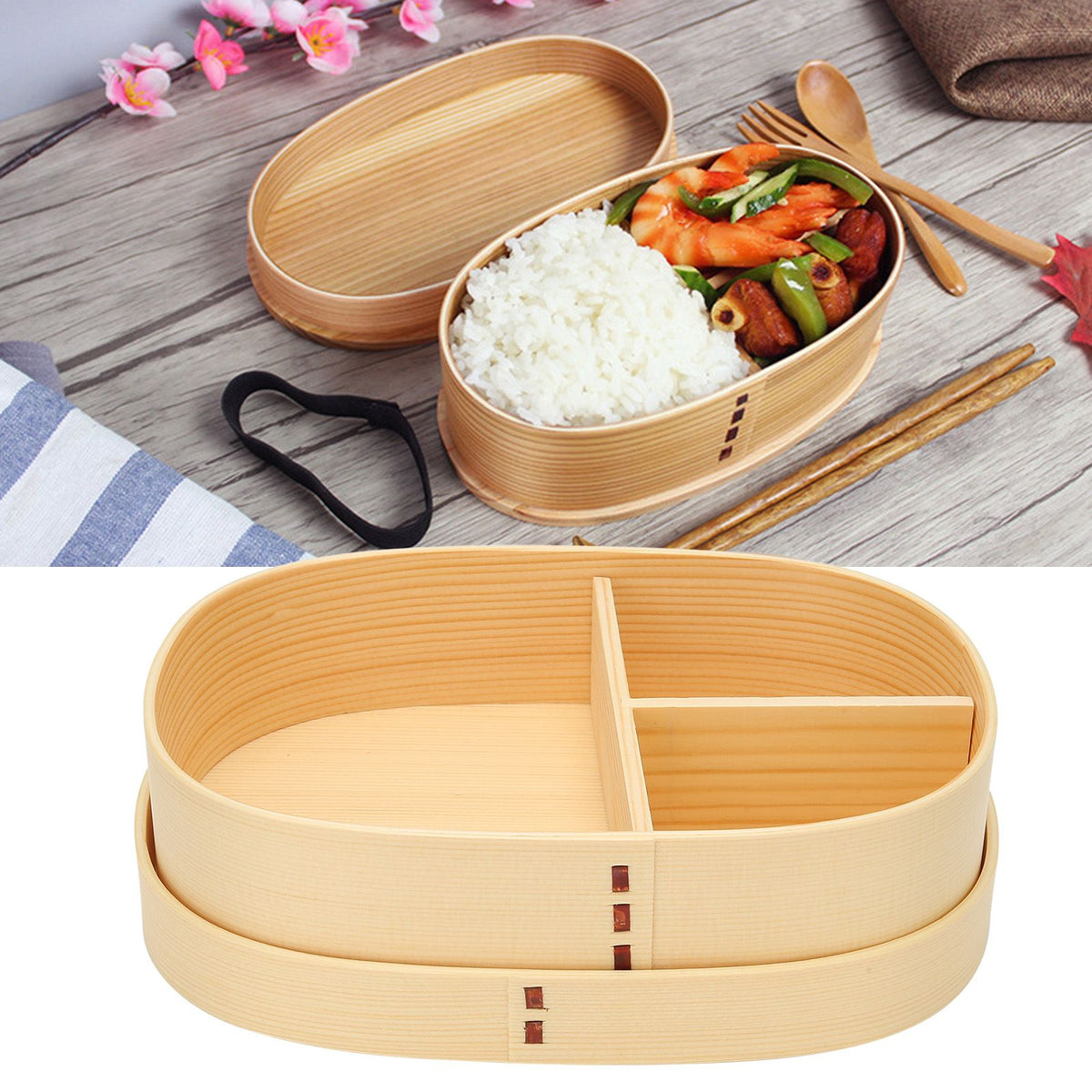 Japanese-style wooden lunch box with single layer design, used for storing sushi or food, from Everything Baby's pretend play tableware collection.