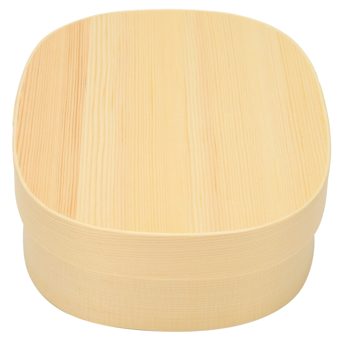 Japanese style wooden lunch box for kids with a single layer, used as a pretend play sushi container and tableware.