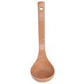 Wooden soup spoon with long handle and hanging hole, lightweight, perfect for kids’ outdoor play and pretend cooking.
