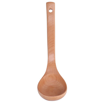 Wooden soup spoon with long handle and hanging hole, lightweight, perfect for kids’ outdoor play and pretend cooking.