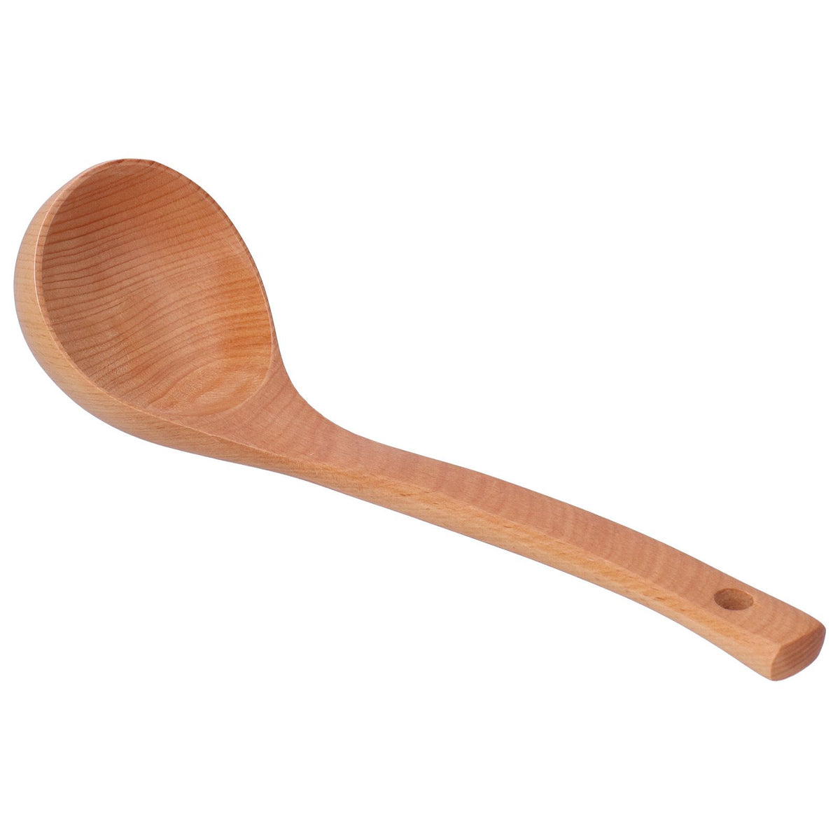 Wooden soup spoon with long handle and hanging hole, lightweight and suitable for kids' outdoor play, 27.5cm length