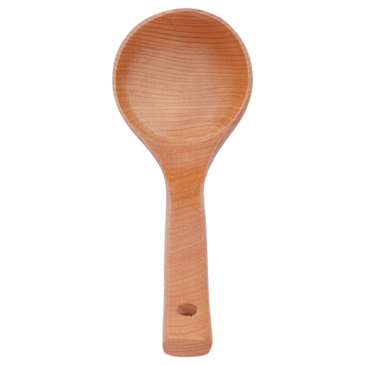 Wooden soup spoon with long handle and hanging hole, lightweight, 27.5cm, ideal for baby and kids outdoor play equipment.