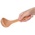 Wooden soup spoon with long handle and hanging hole, lightweight and suitable for kids' outdoor play, 27.5cm long.