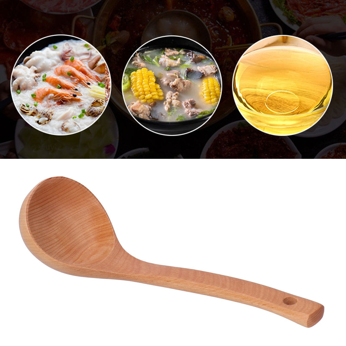 Wooden baby spoon with long handle and hanging hole, lightweight 27.5cm, suitable for outdoor play and baby feeding.