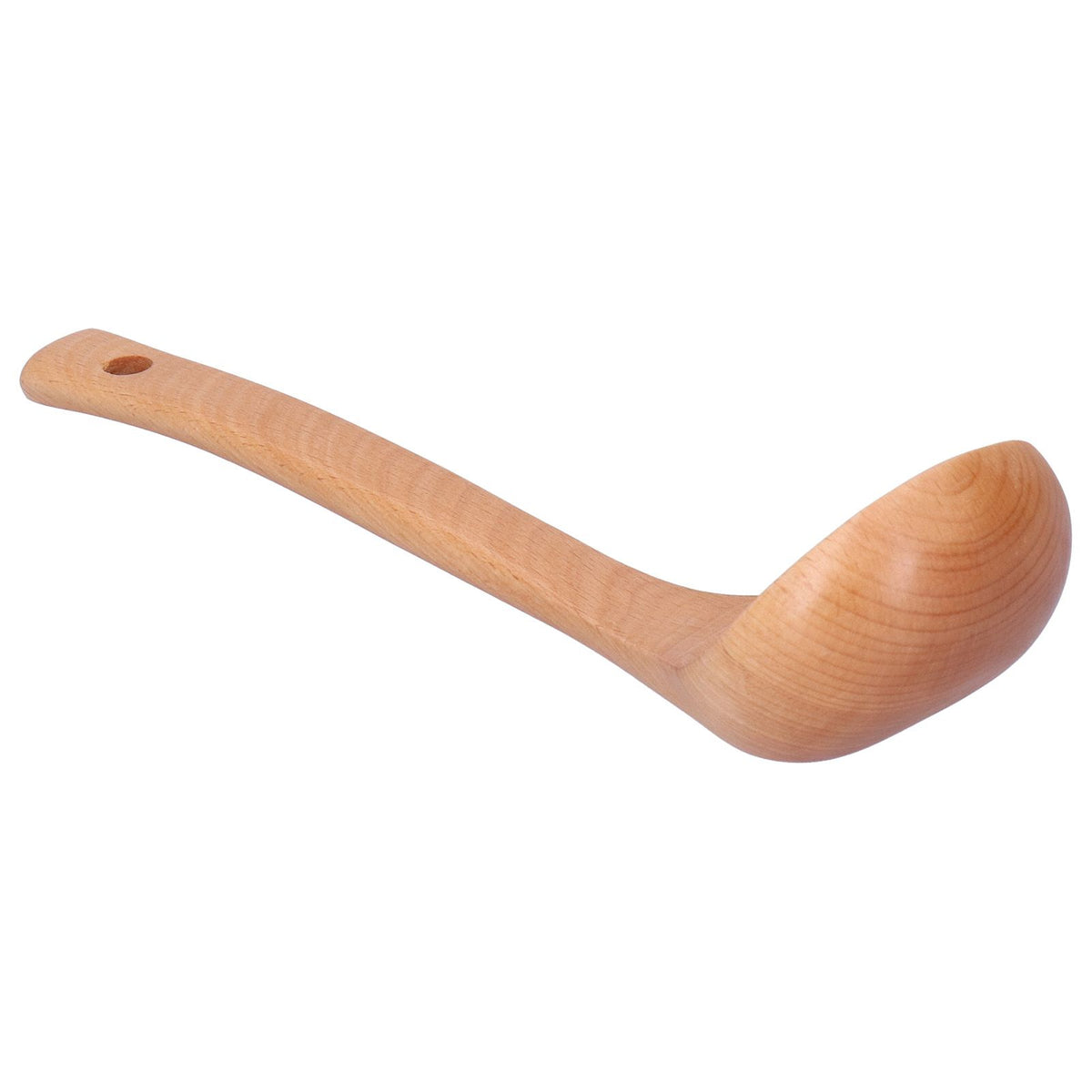 Wooden soup spoon with long handle and hanging hole, lightweight, ideal for kids' outdoor play and toy collection.