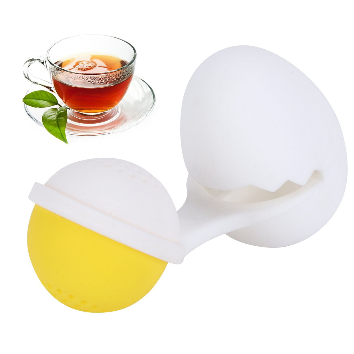 Cute egg-shaped silicone tea infuser strainer for loose leaf tea, designed for easy use in kitchen tea brewing.