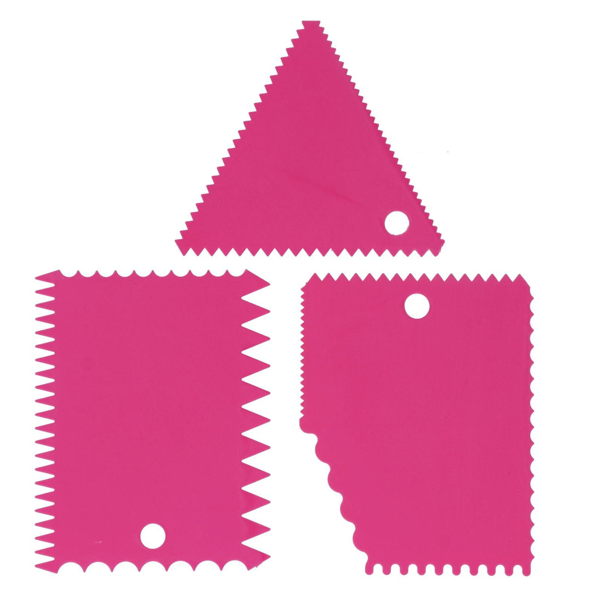 Rose red 3-piece cake scraper set with irregular teeth edges, ideal for cake decorating and smoothing in baking projects.