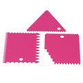 Rose red 3-piece cake scraper set with irregular teeth edges, perfect for smoothing and shaping cake layers and decorations.