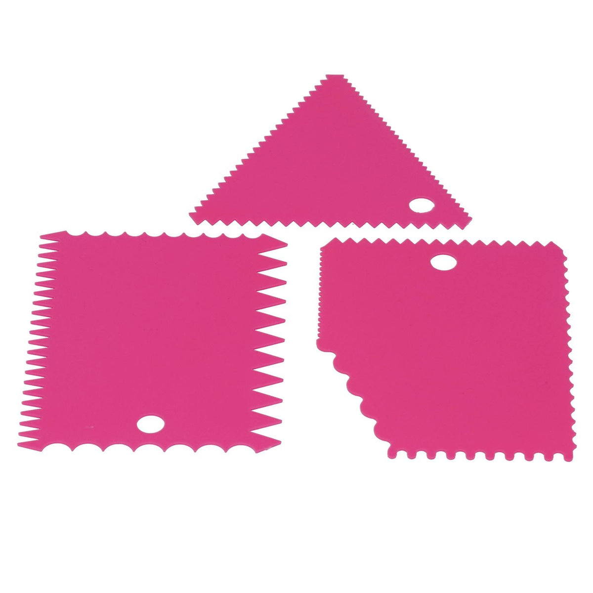 Rose red 3-piece cake scraper set with irregular teeth edges, perfect for smoothing and shaping cake layers and decorations.
