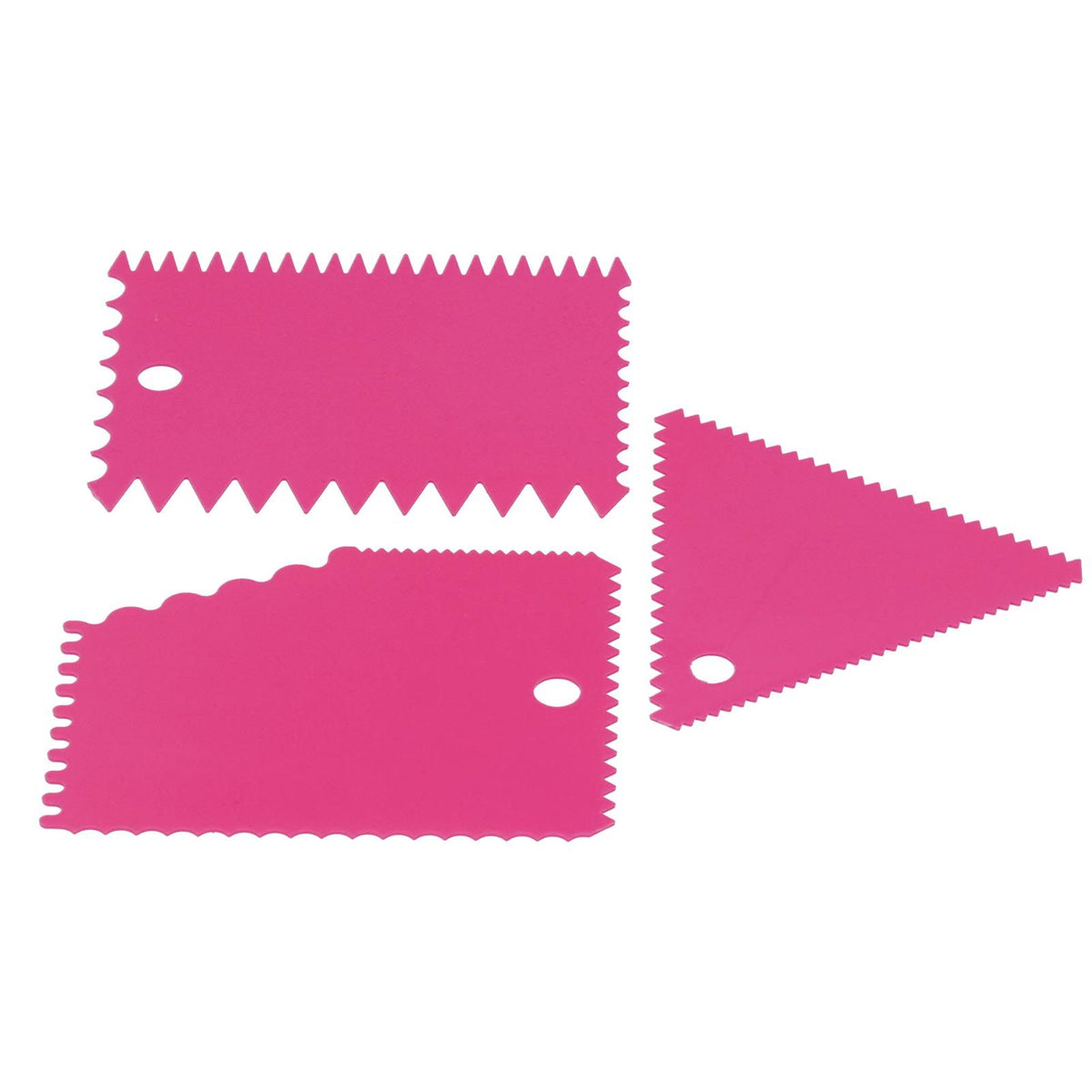 Rose red 3-piece cake scraper set with irregular teeth edges for smoothing and decorating cakes, ideal for DIY pastry projects.