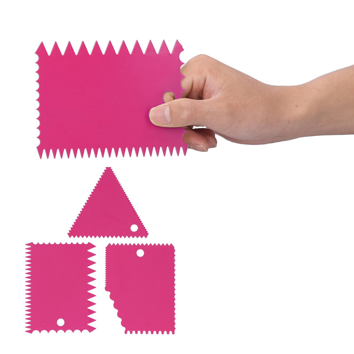 Rose red 3-piece cake scraper set with irregular teeth, perfect for smoothing and decorating cakes in DIY baking projects.