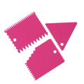 Rose red 3-piece cake cream scraper set with irregular teeth edges, ideal for smooth frosting and pastry decorating.