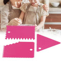 Rose red 3-piece cake scraper set with irregular teeth edge for smoothing and shaping desserts, ideal for cake decorating and DIY baking.