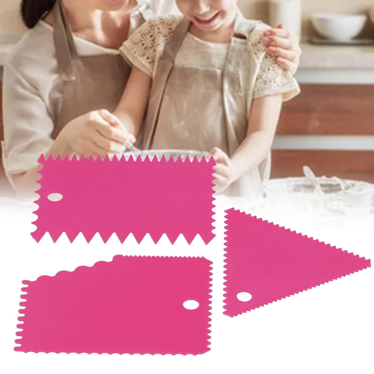 Rose red 3-piece cake scraper set with irregular teeth edge for smoothing and shaping desserts, ideal for cake decorating and DIY baking.