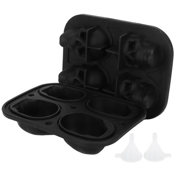 Silicone skull-shaped ice tray with two funnels, suitable for Halloween-themed ice cubes and baby feeding or kitchen use.