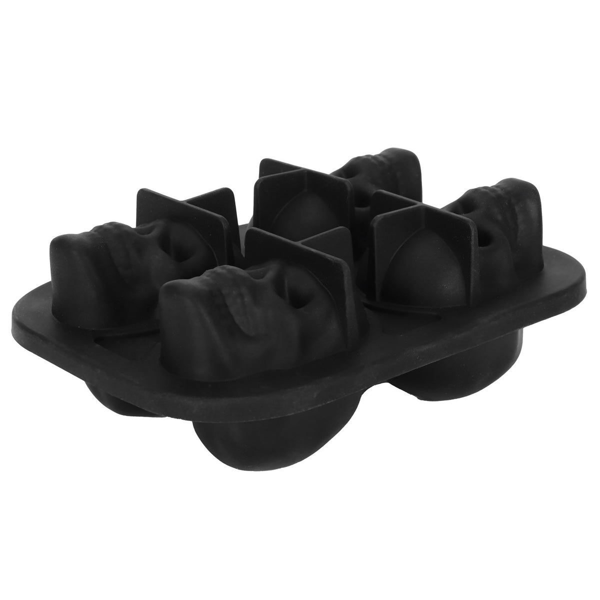 Silicone skull-shaped ice tray with two funnels, ideal for Halloween-themed ice cubes or ice cream molds in kitchen use.