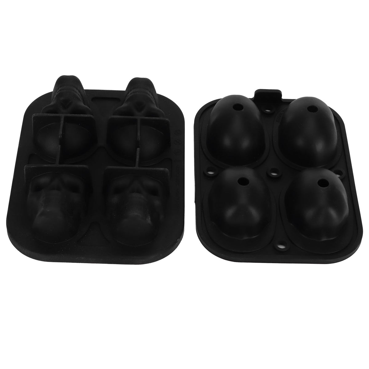 Silicone skull-shaped ice tray with two funnels, designed for Halloween-themed ice cubes, suitable for kitchen use.