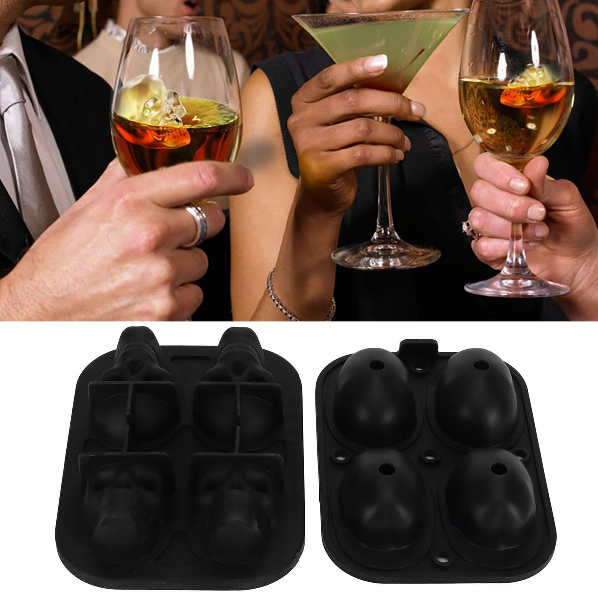 Silicone skull-shaped ice tray with two funnels, ideal for Halloween-themed kitchen ice cream and ice cube molds.