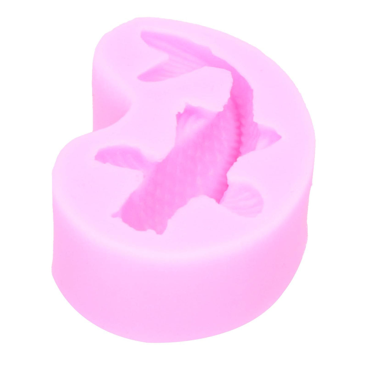 Pink goldfish-shaped silicone mold for fondant, cake decorating, and chocolate crafting, ideal for baby and kids' baking projects.