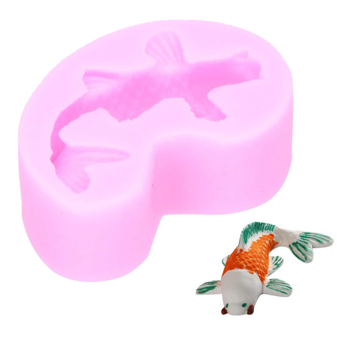 Pink goldfish-shaped silicone mold for fondant or chocolate, perfect for cake decorating and baby-themed treats.