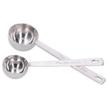 Two stainless steel measuring spoons with long handles from Everything Baby, ideal for measuring milk powder accurately.