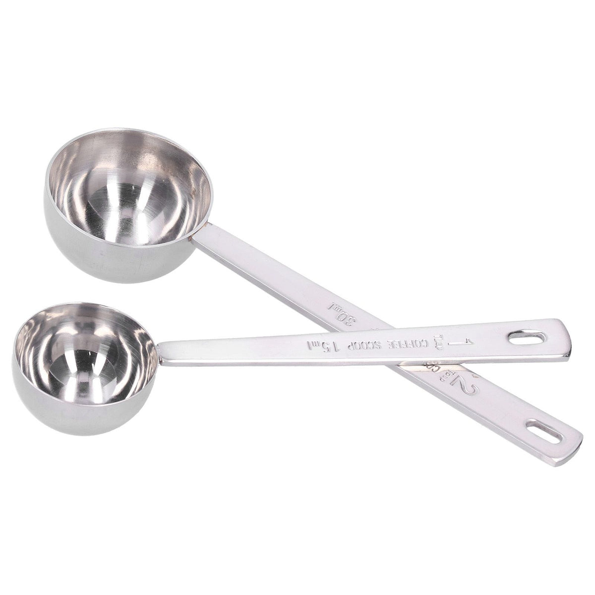Two stainless steel measuring spoons with long handles from Everything Baby, ideal for measuring milk powder accurately.
